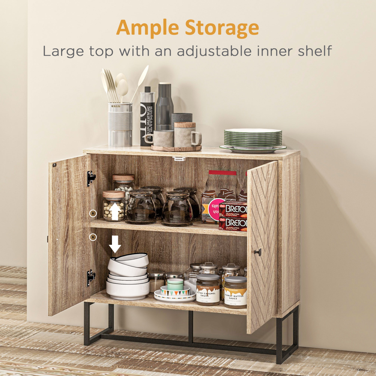 Stylish Embossed Arrow Storage Cabinet with Adjustable Shelf & Metal Base