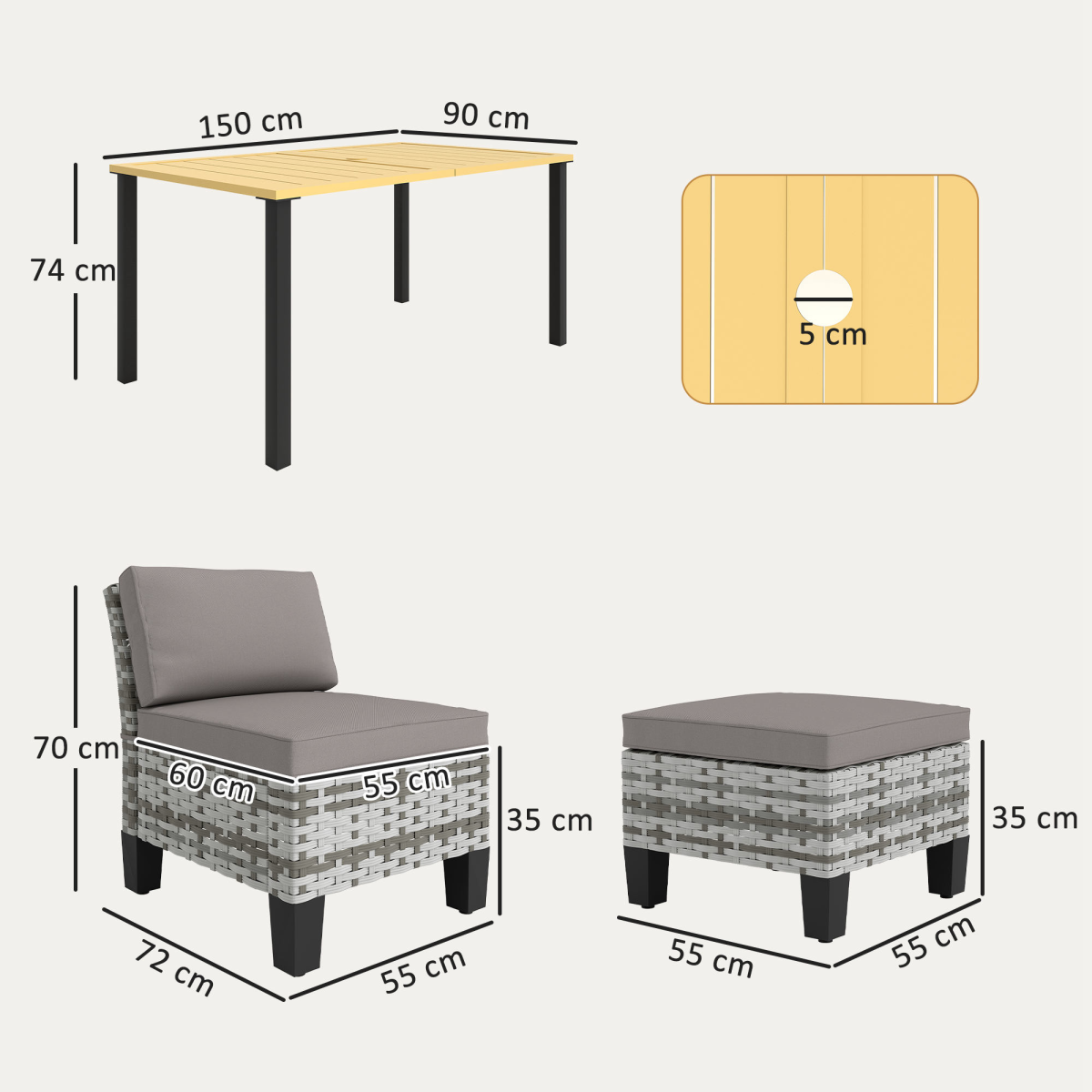 7-Piece Grey Rattan Garden Dining Set with Cushions & Umbrella Hole
