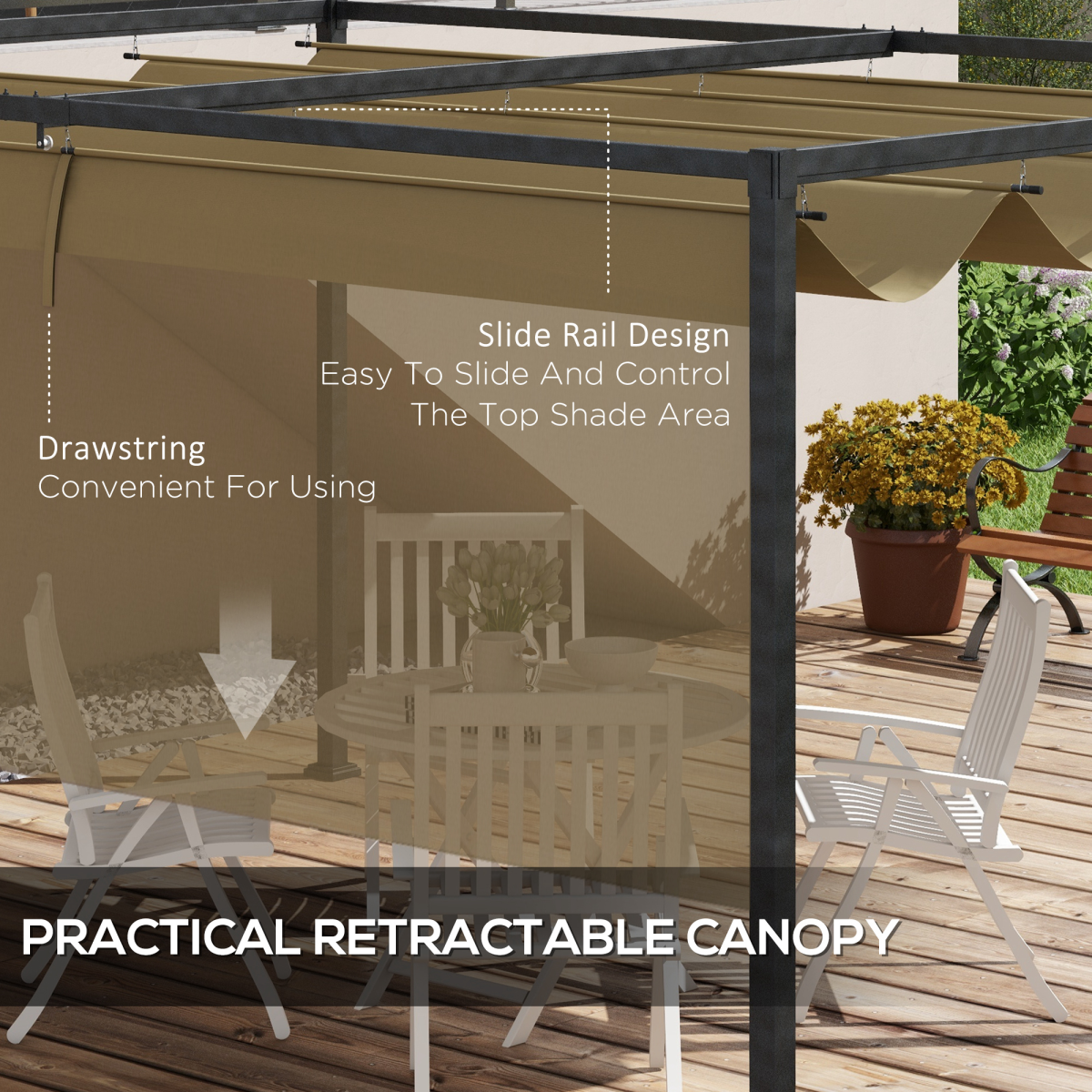 4x3m Metal Pergola Gazebo with Retractable Canopy Khaki