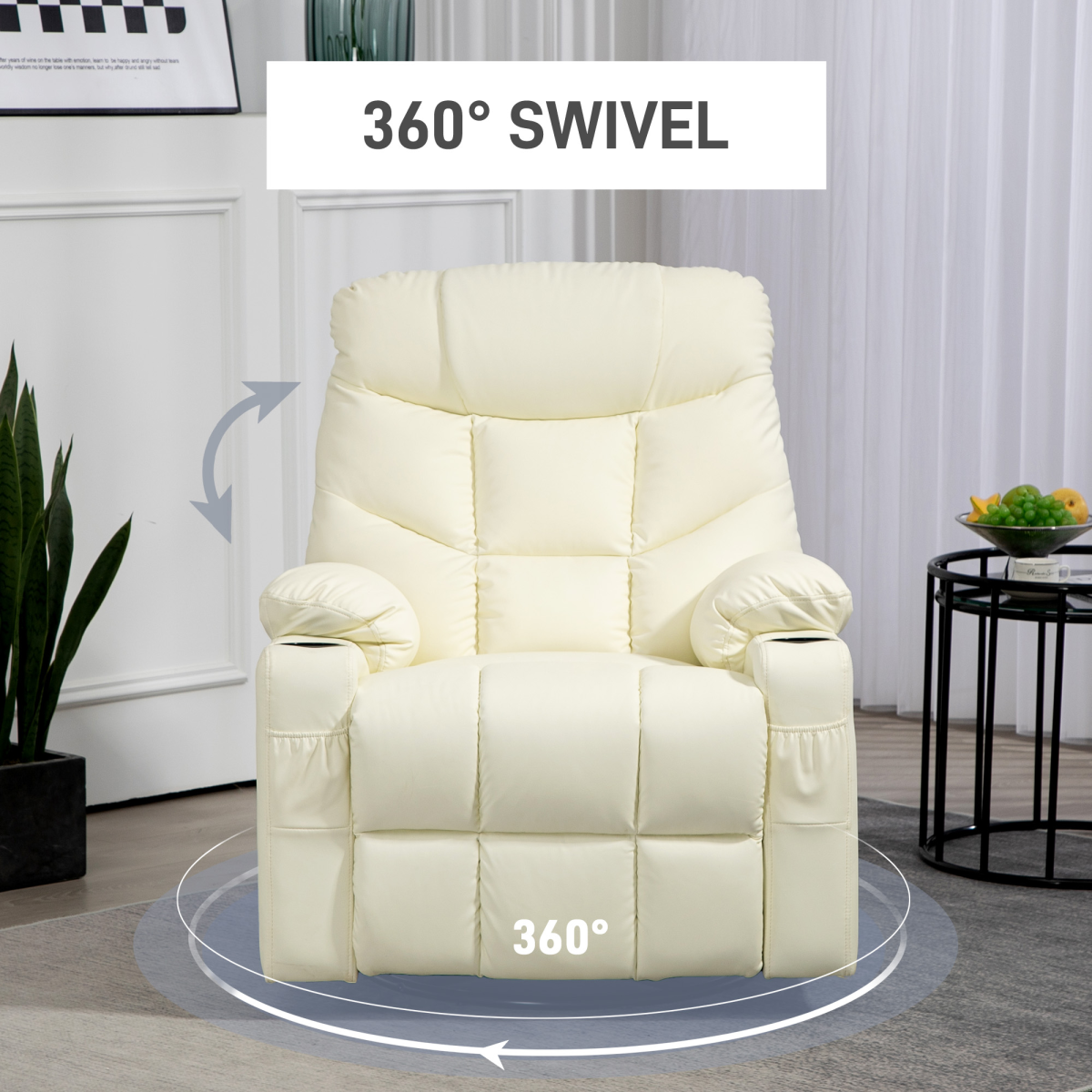Luxury Recliner Chair with Footrest & Cup Holders - Cream Swivel Comfort