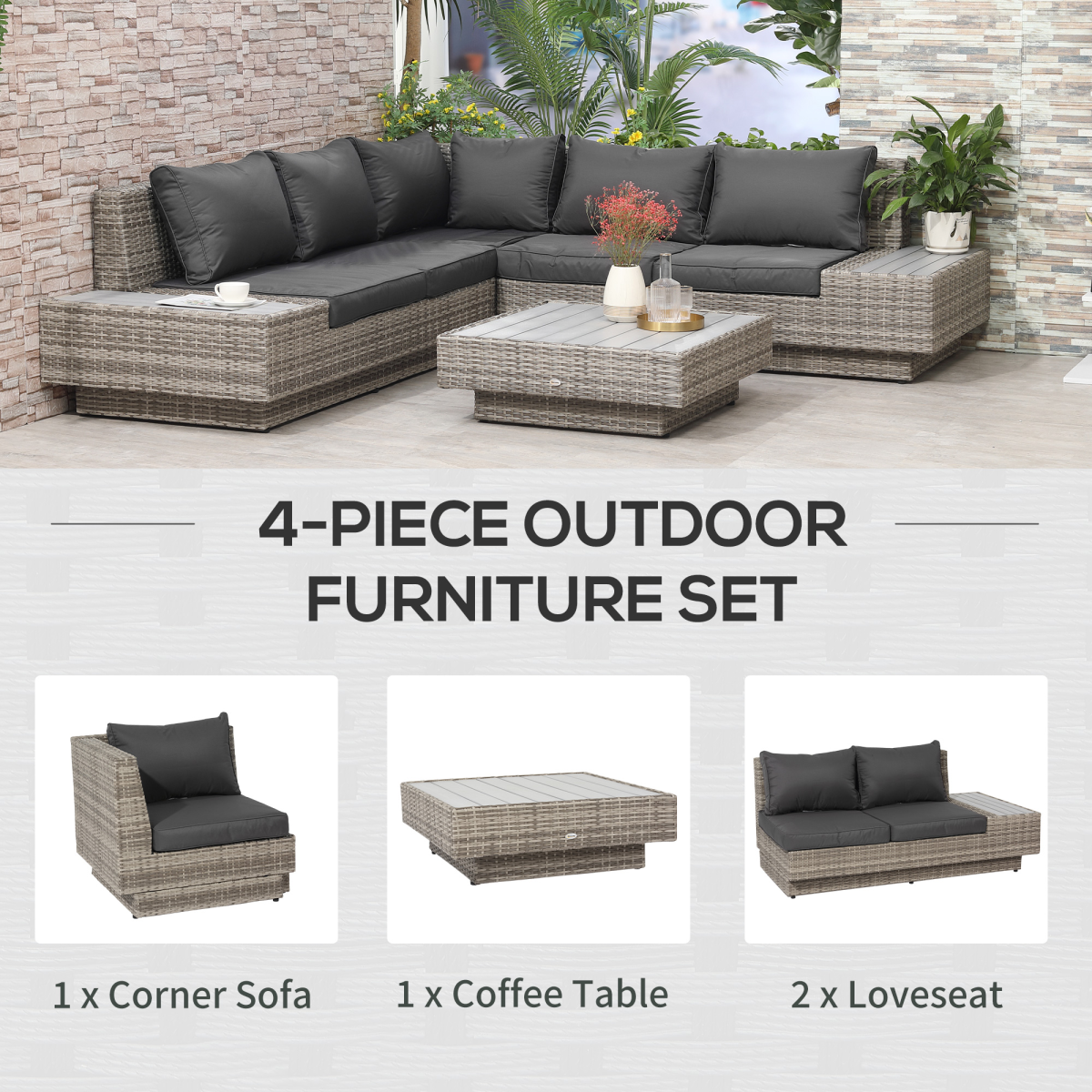 5-Piece Outdoor PE Rattan Corner Sofa Set with Cushions and Table - Light Grey