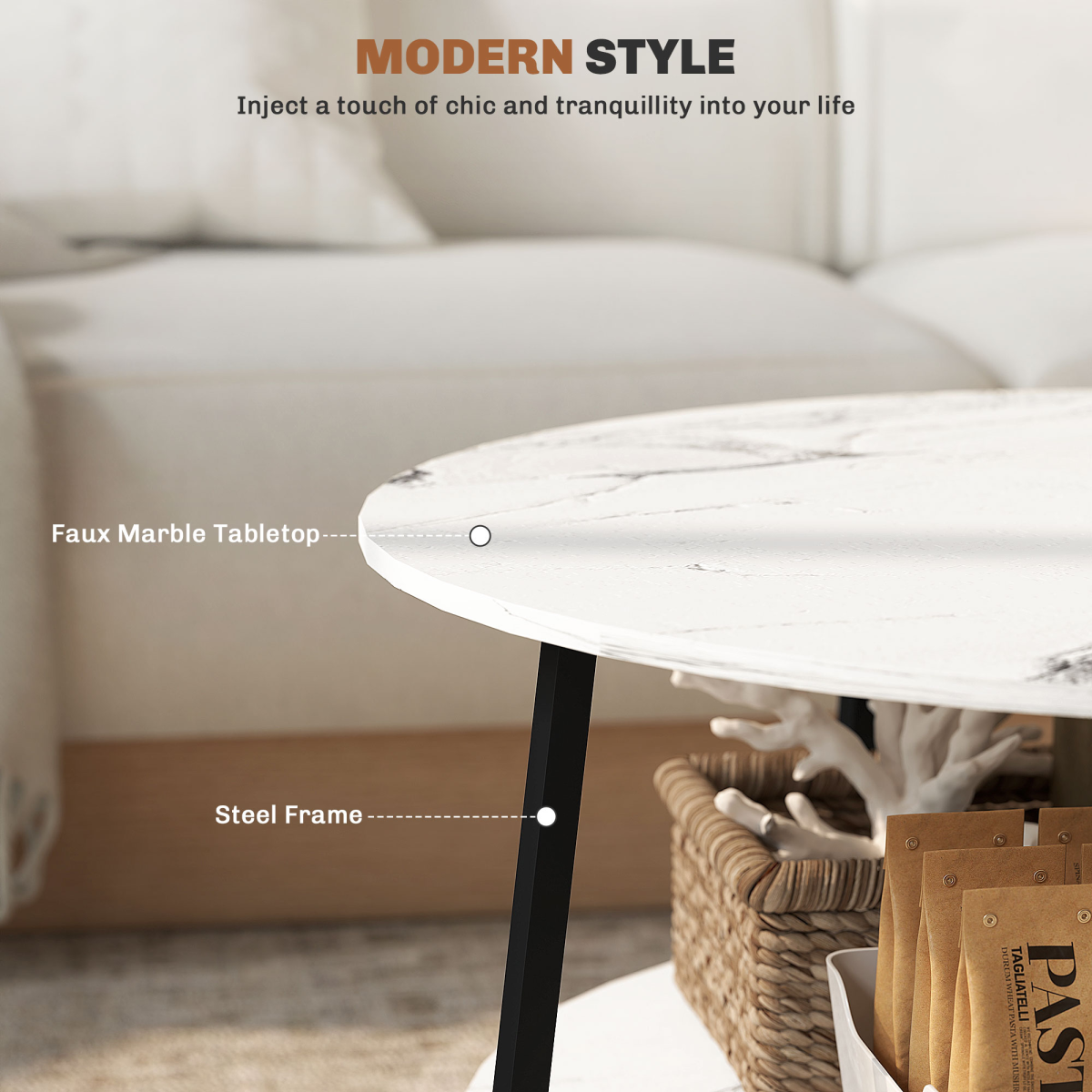 Elegant Round Coffee Table with Storage & Chic Marble Effect Top