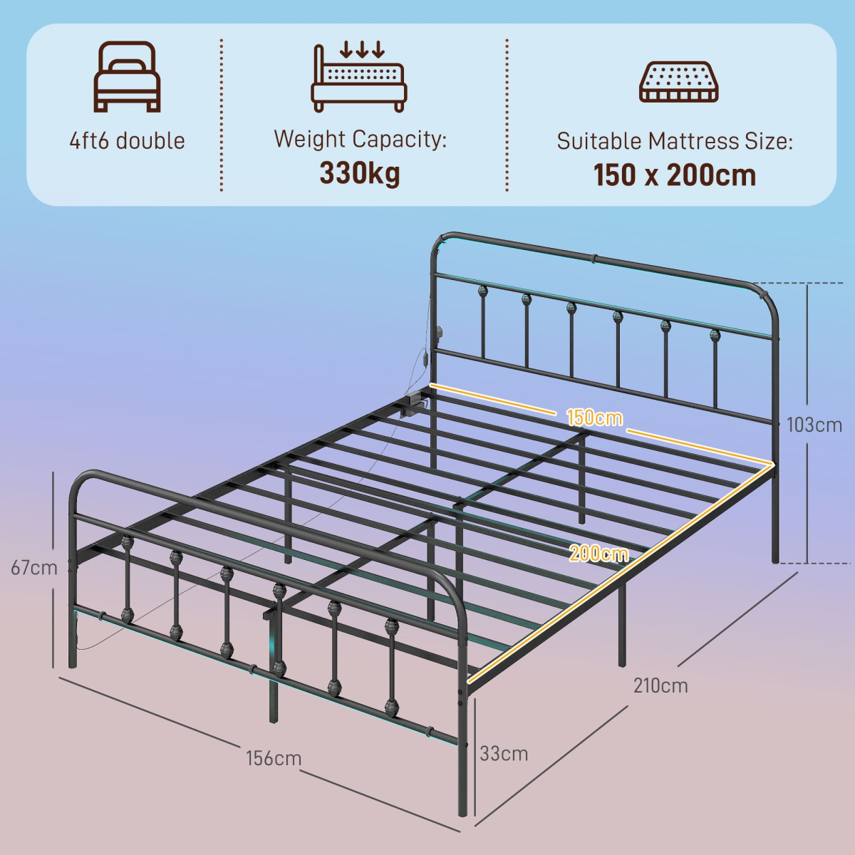 King Bed Frame with RGB LED Lights & Built-In Charging Station