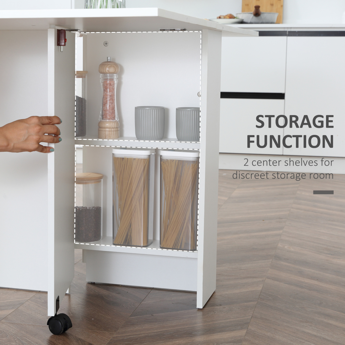 Folding Dining Table with Drop-Leaf, Wheels, Storage Shelves - White