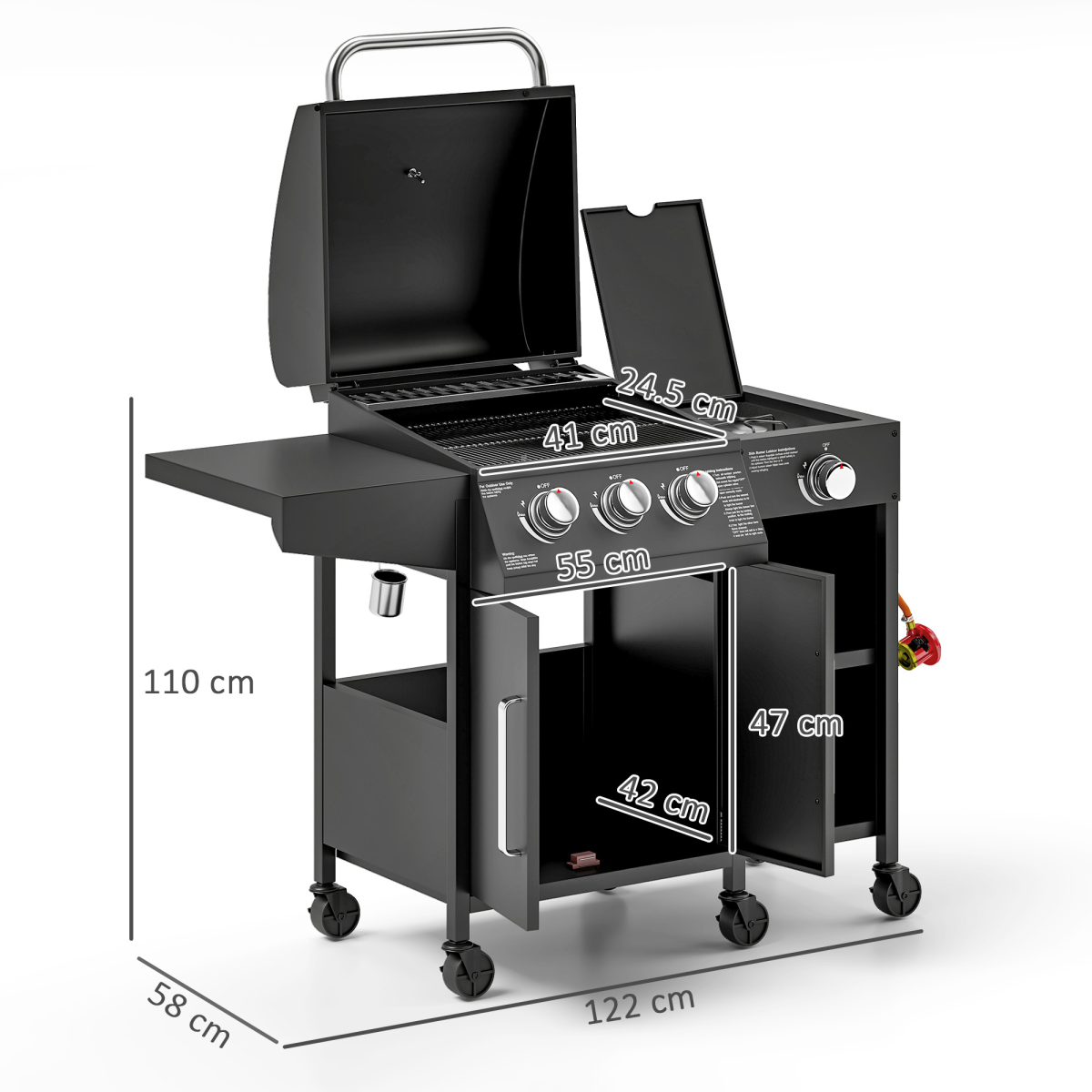 9.5 kW Gas BBQ Grill: 3 Burners, Side Burner & Storage Cabinet
