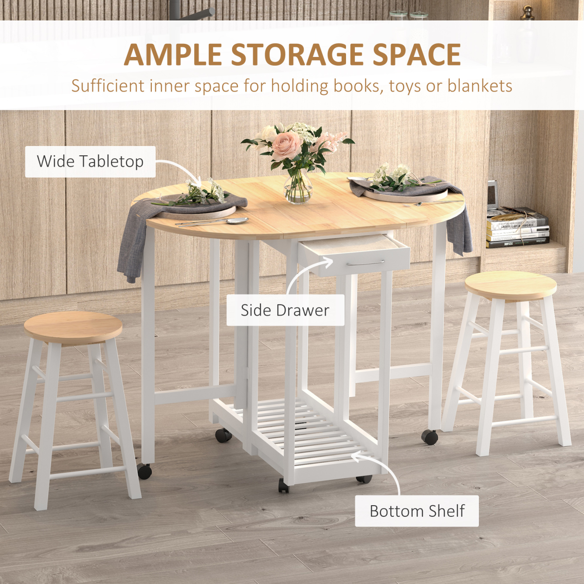 Versatile 3-Piece Wooden Kitchen Cart Set with Rolling Stools & Space-Saving Design
