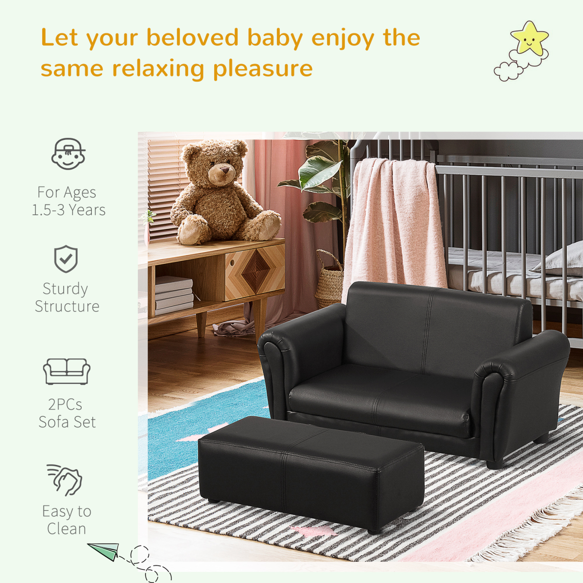 Kids 2-Seater Sofa Set with Armchair & Footstool
