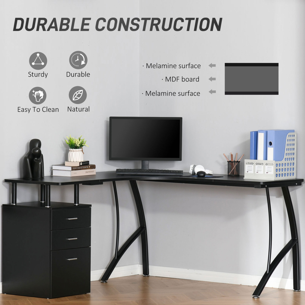 Compact L-Shaped Office Desk with Drawer - Space-Saving Modern Workstation