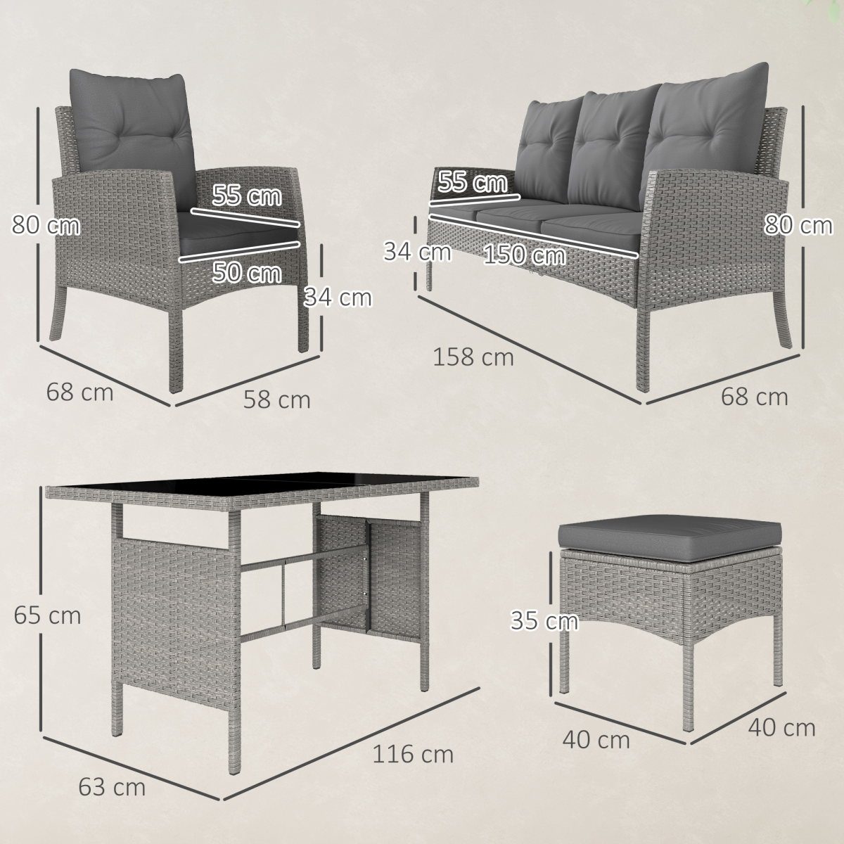 6-Piece Grey Rattan Garden Sofa Set with Glass Table