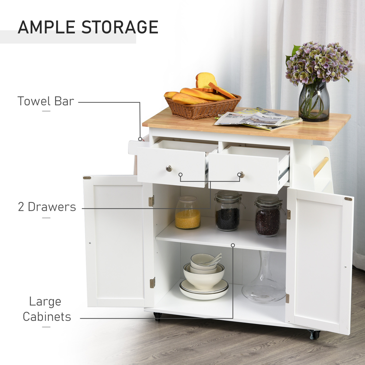 Versatile Kitchen Island with Rubberwood Top & 3-Tier Spice Rack for Easy Storage