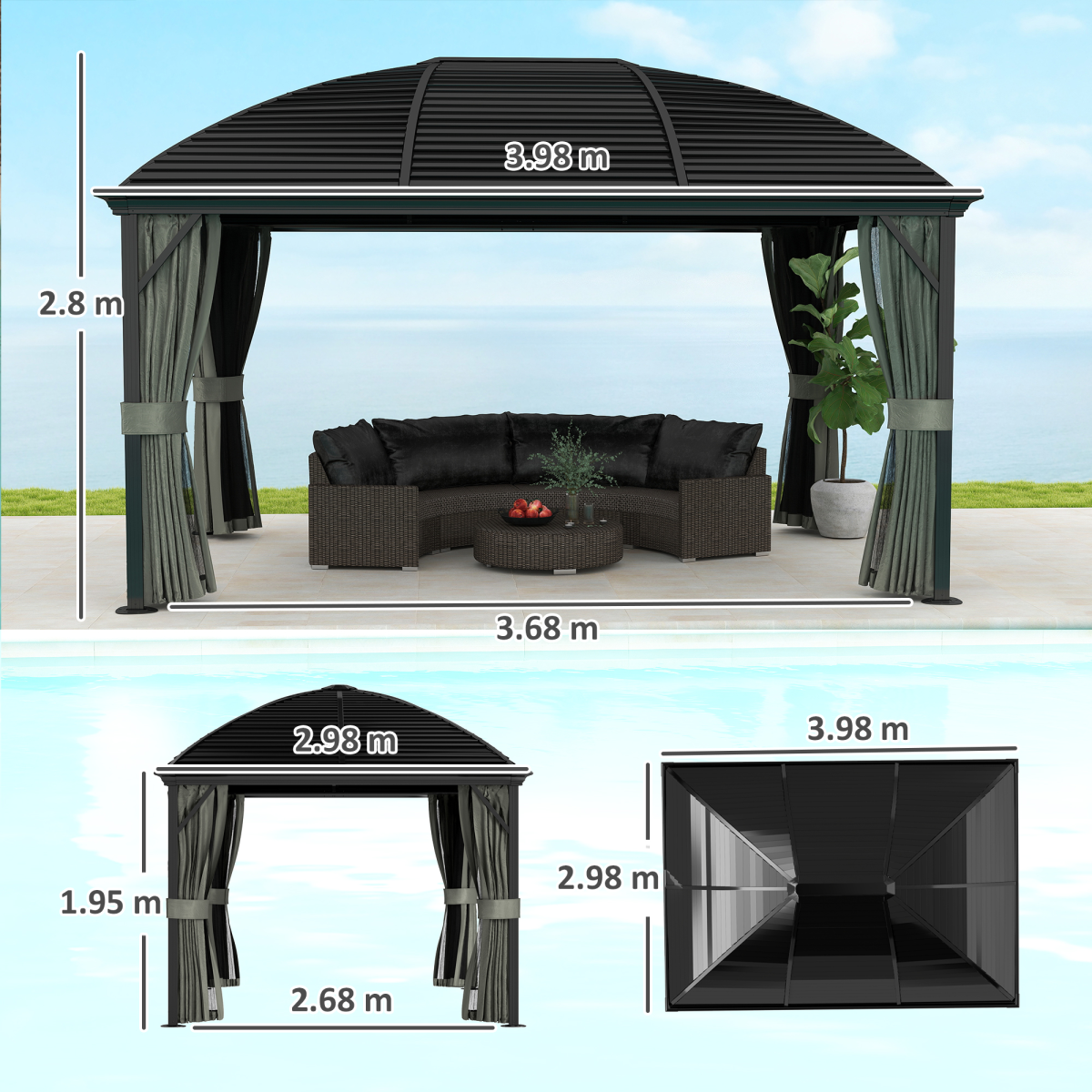3x4m Hardtop Gazebo – Aluminium Garden Pavilion, Dark Grey