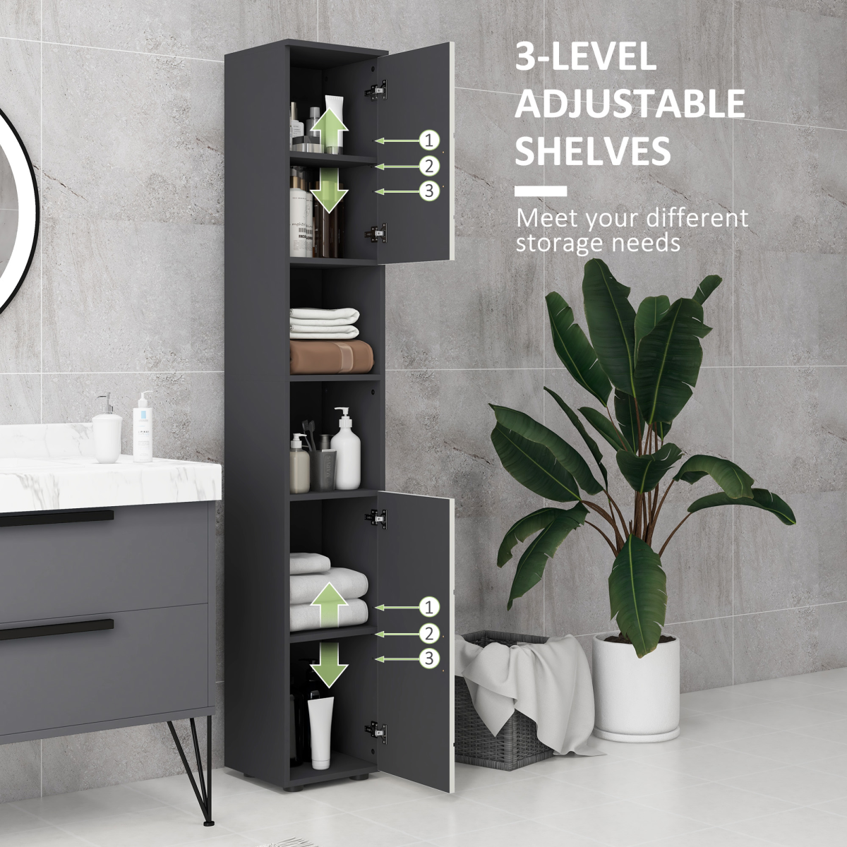 Kleankin Slim Tall Bathroom Storage Cabinet with Soft-Close Doors - Space Saver!