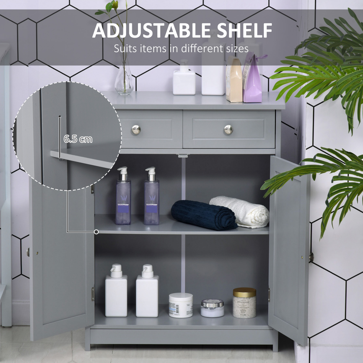 Stylish Grey Bathroom Storage Cabinet with Drawers & Cupboard - 75cm Tall