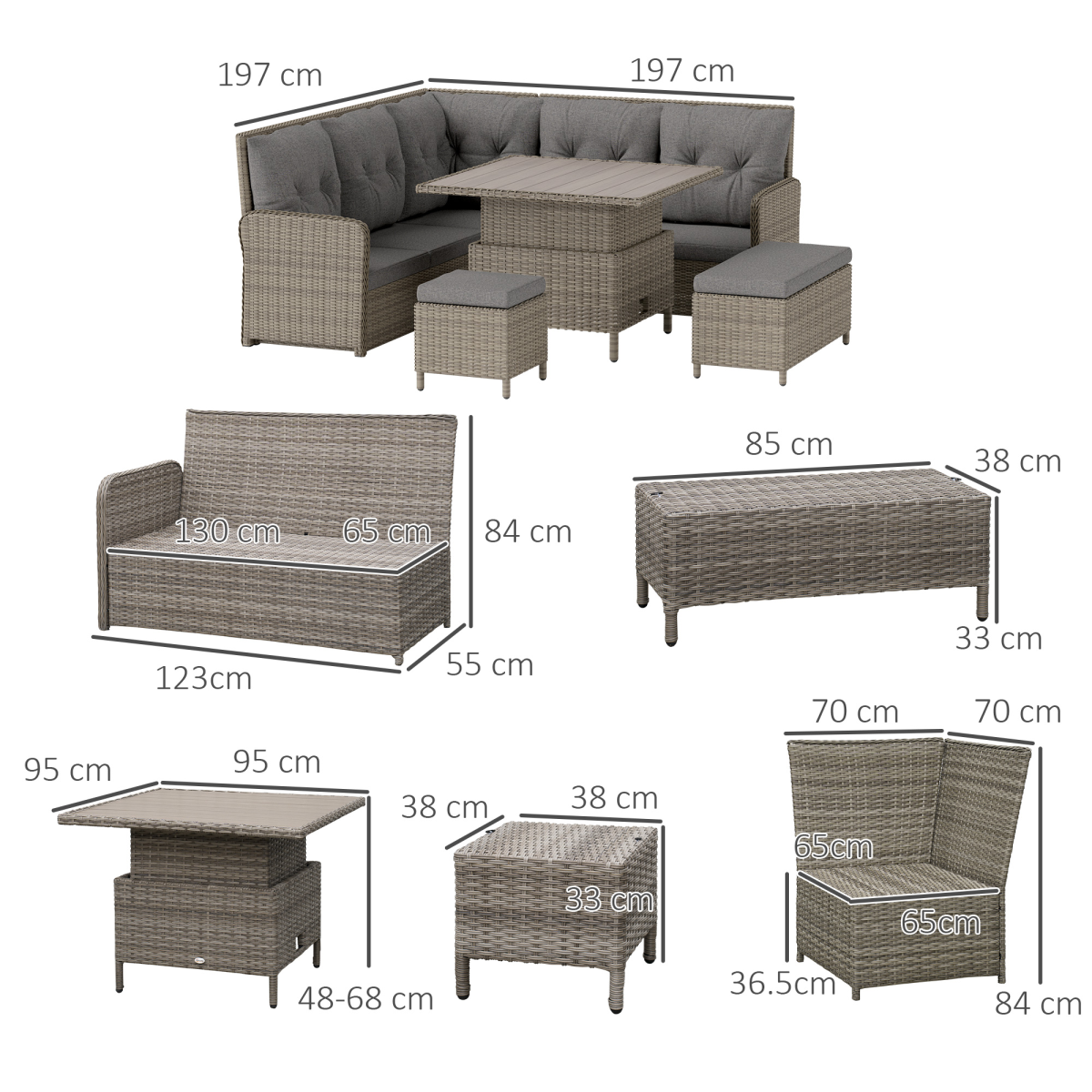 6-Piece Rattan Garden Sectional Sofa Set, Light Grey