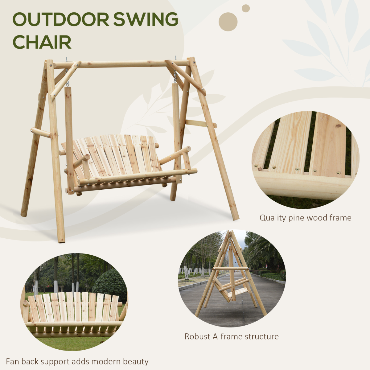 Rustic Outdoor 2-Seater Porch Swing - Wooden Patio Bench with Armrests