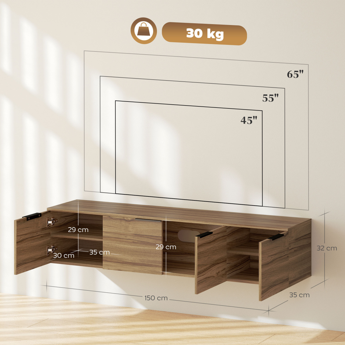Rustic Brown Wall-Mounted Floating TV Stand with Stylish Storage Solutions
