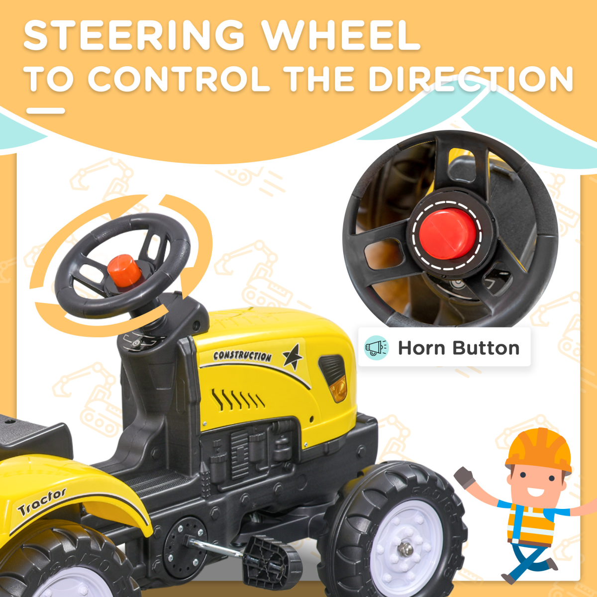 Pedal Go-Kart Tractor with Shovel & Rake, 4 Wheels