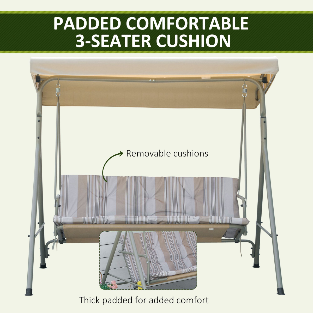 Premium 3-Person Porch Swing with Canopy - Outdoor Lounge Chair Light Brown