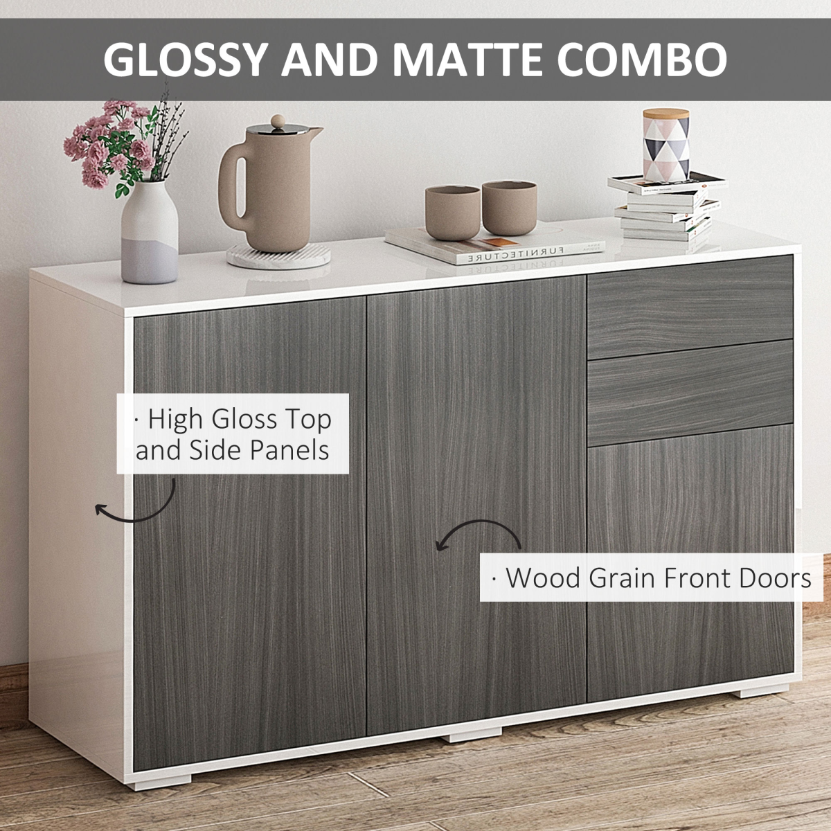 Stylish 2-Door & 2-Drawer Side Cabinet - Modern Grey & White Design