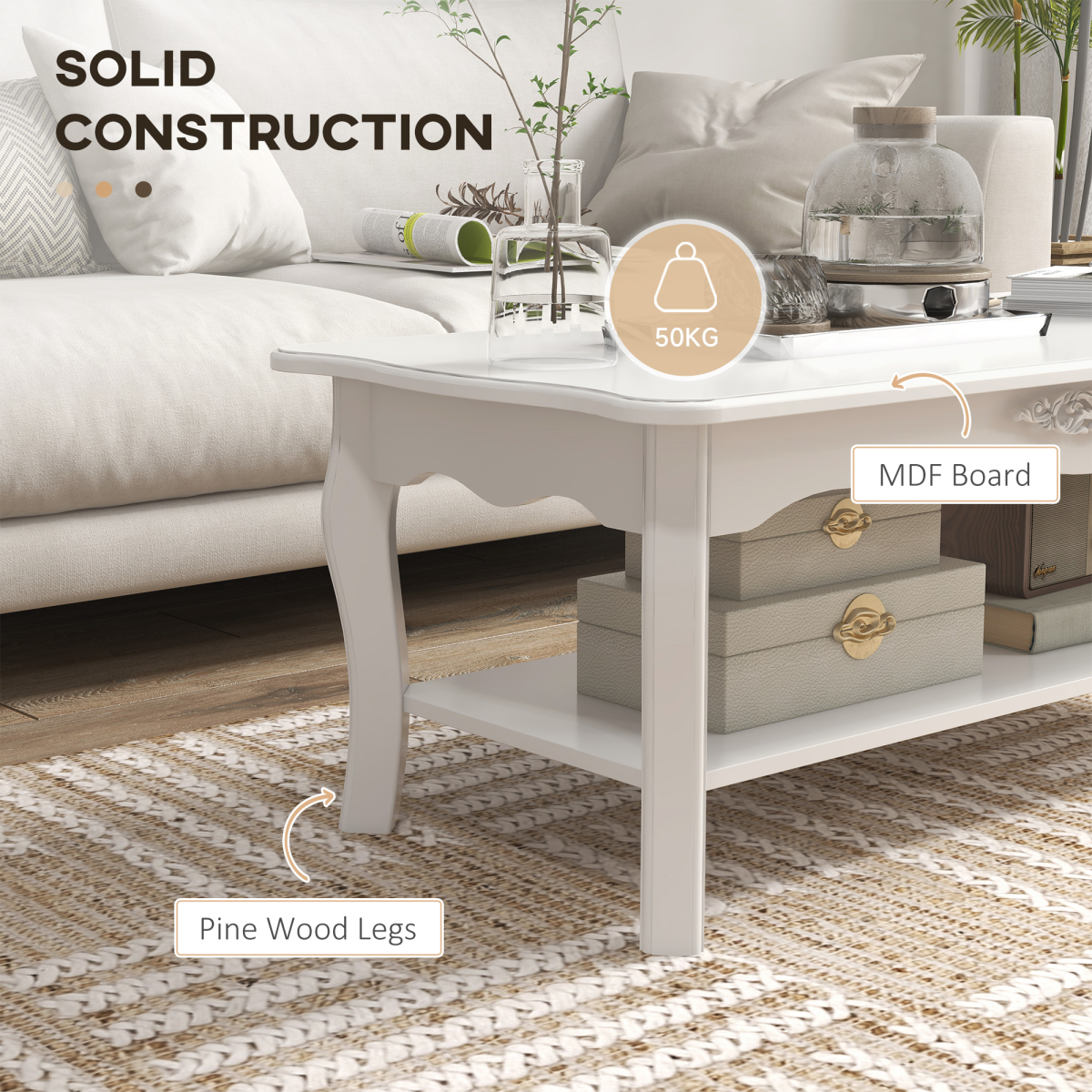 White Finish Coffee Table with Curved Legs & Magazine Shelf