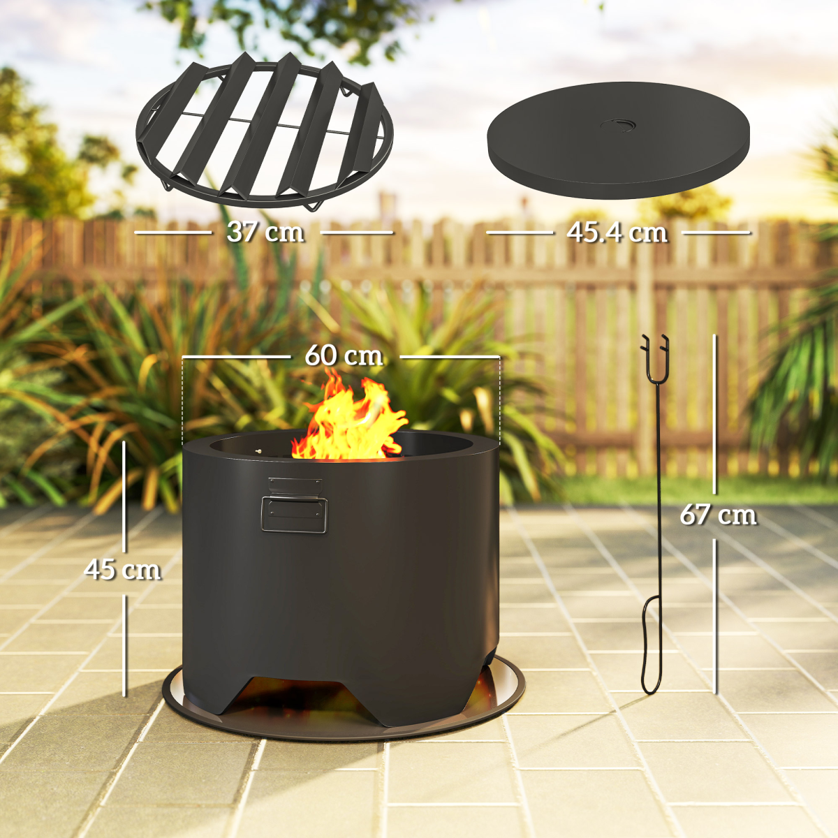 Stylish Round Fire Pit with Lid & Poker - Perfect for Cozy Gatherings