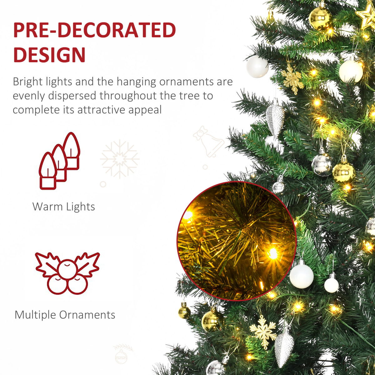 1.8m Pre-Lit Artificial Christmas Tree with 200 LEDs, Decorative Balls & Stand