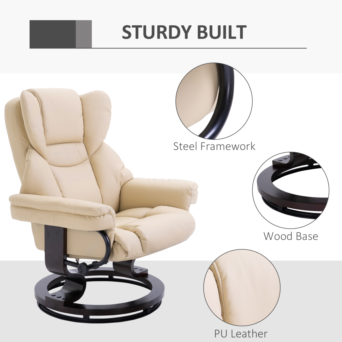 Lux Cream PU Leather Manual Recliner Armchair with Footstool