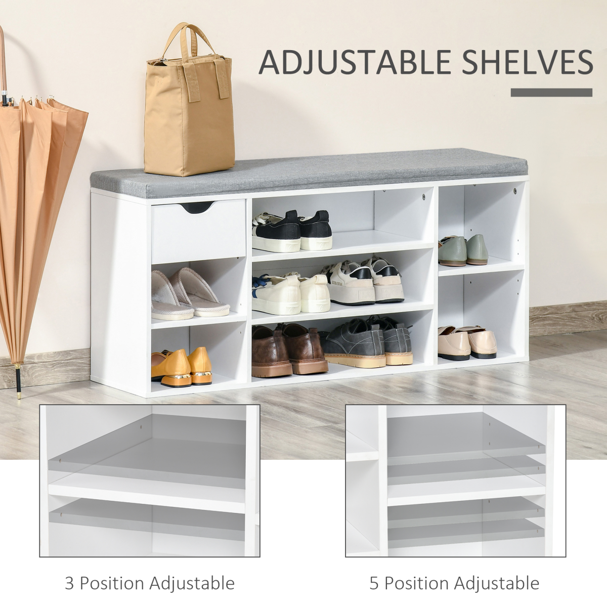 Elegant Shoe Storage Bench with Cushioned Seat & Adjustable Shelves