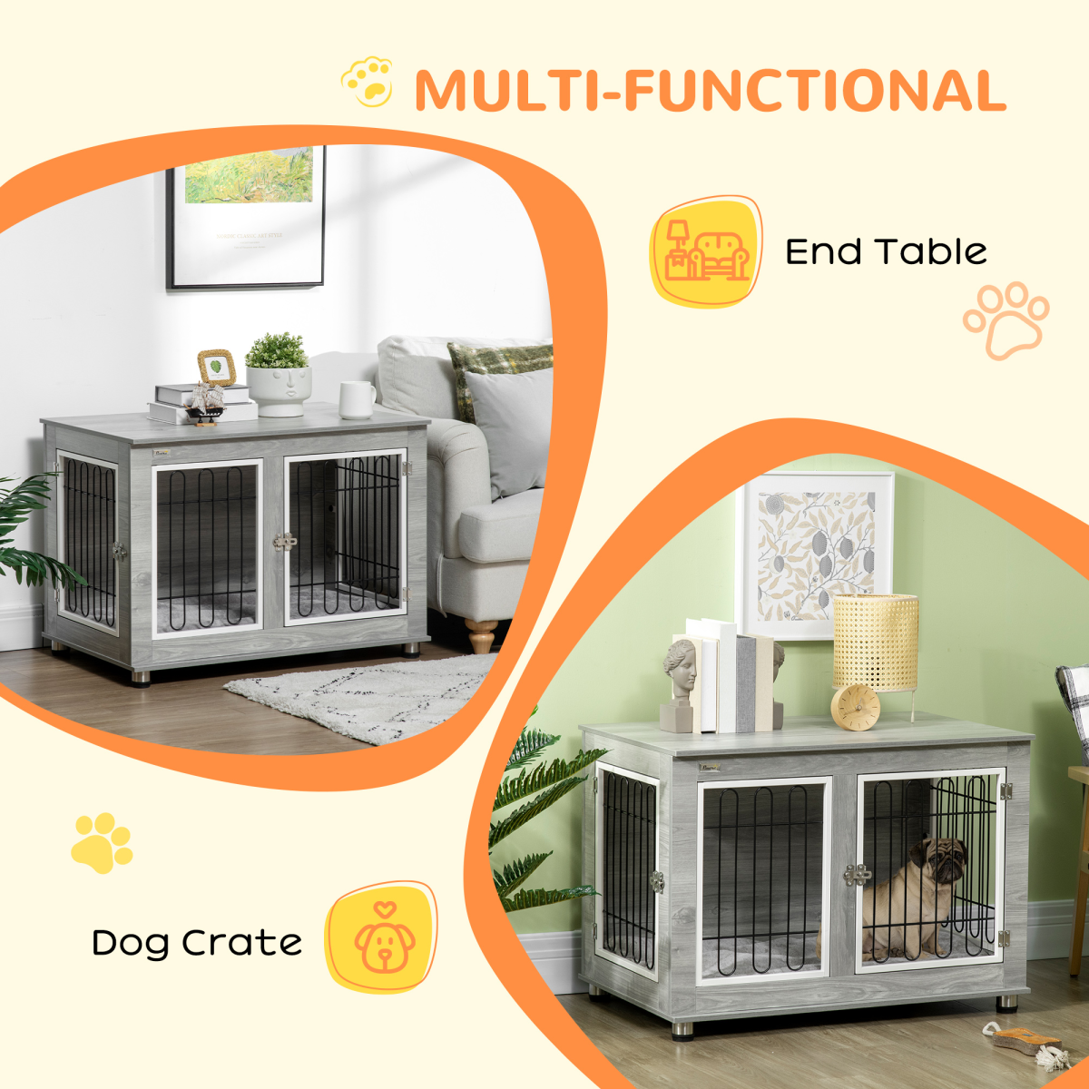 PawHut Modern Dog Crate End Table with Cushion - Double Doors