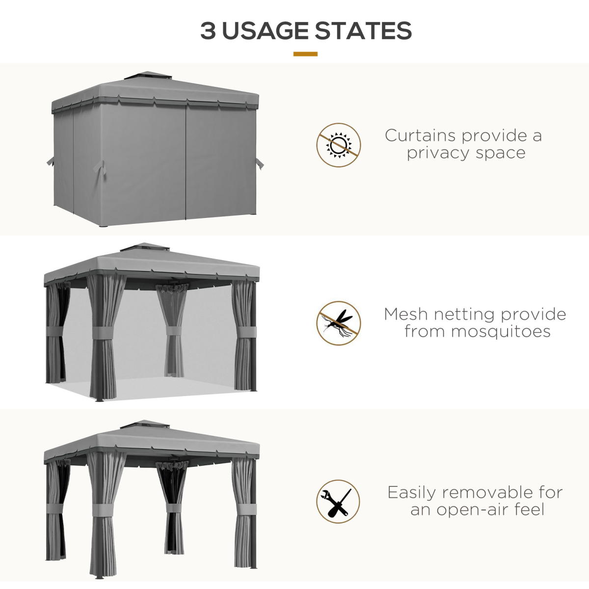 3x3m Patio Gazebo with Mosquito Netting - Light Gray