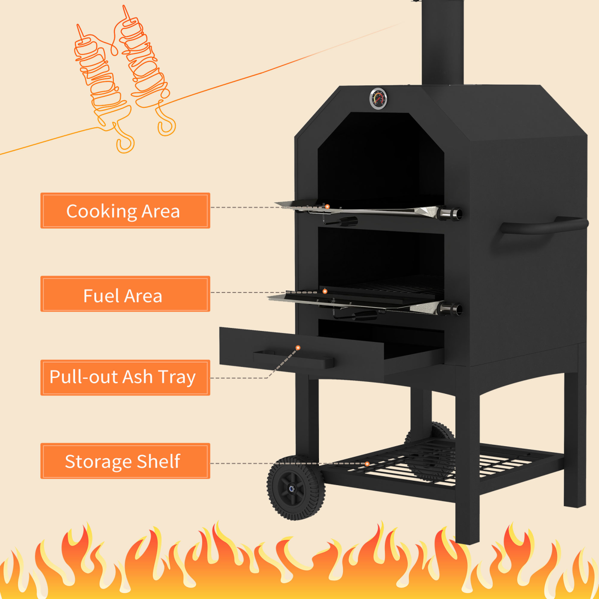 Outdoor Pizza Oven & Charcoal Grill with Rain Cover, Shelf & Wheels