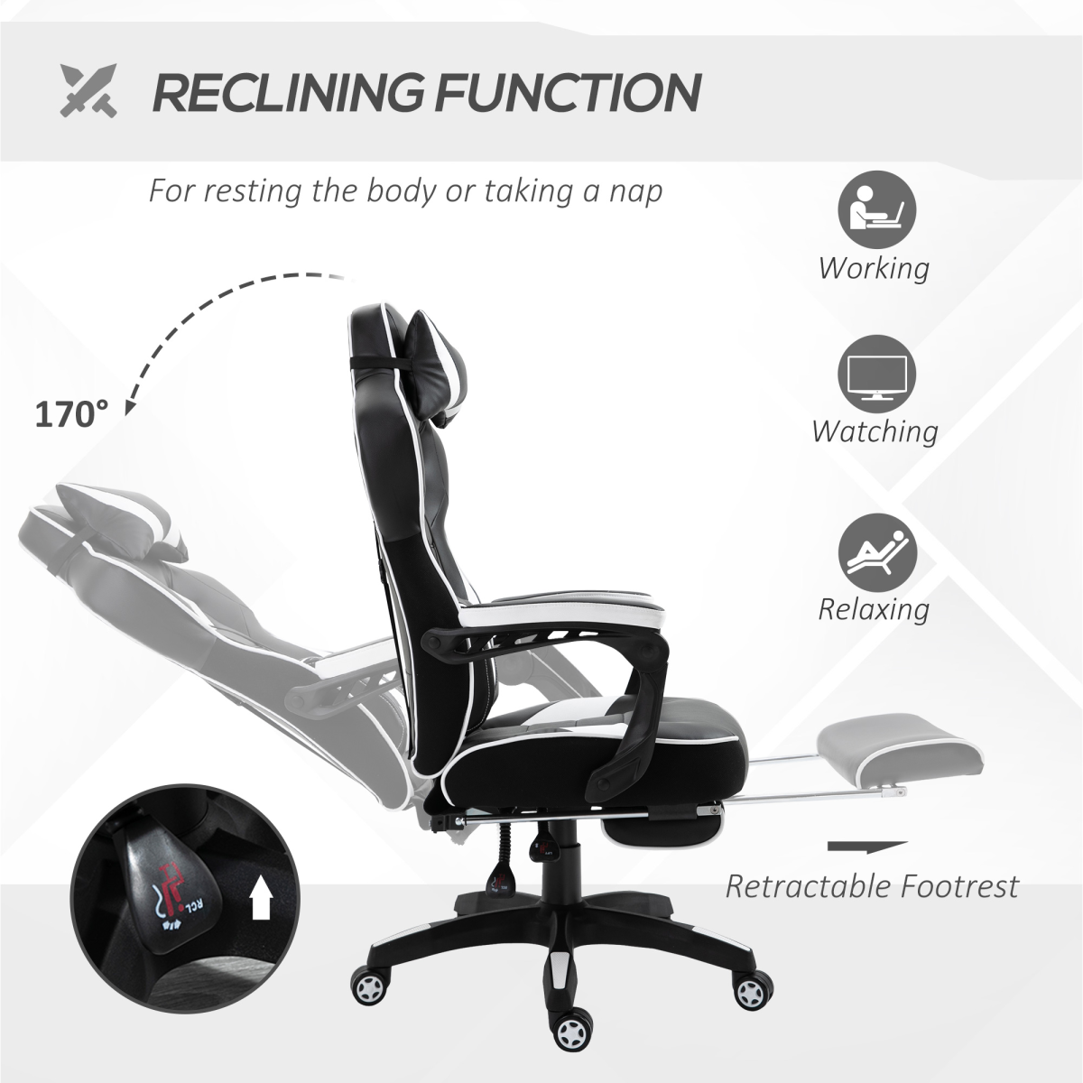 Ergonomic Gaming Chair with Reclining Footrest - Stylish White Office Comfort