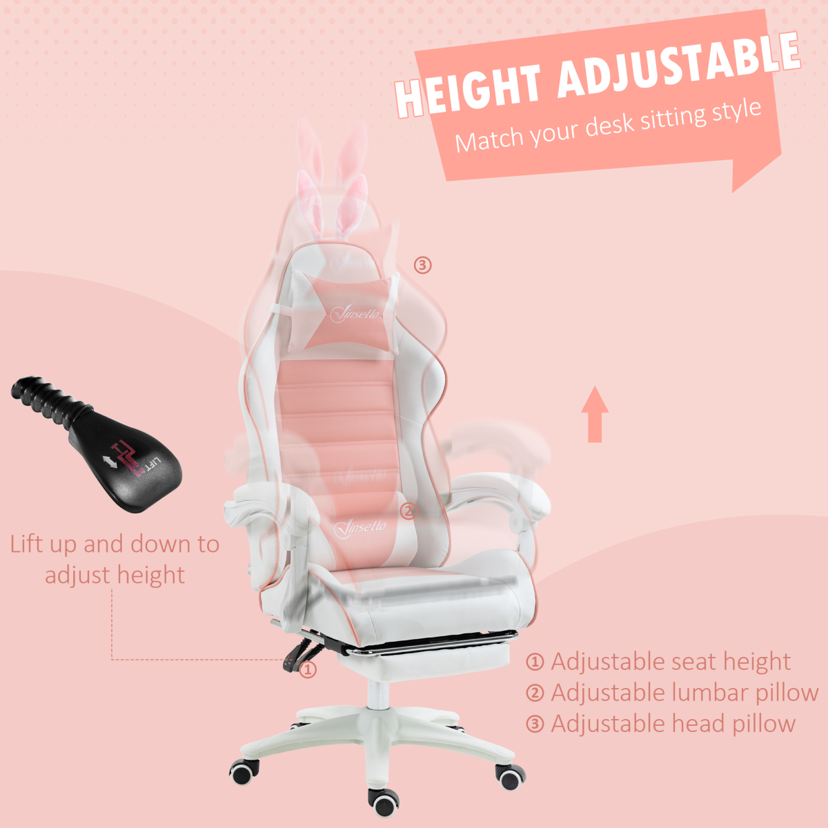 Vinsetto Pink Racing-Style Gaming Chair with Removable Rabbit Ears & Footrest