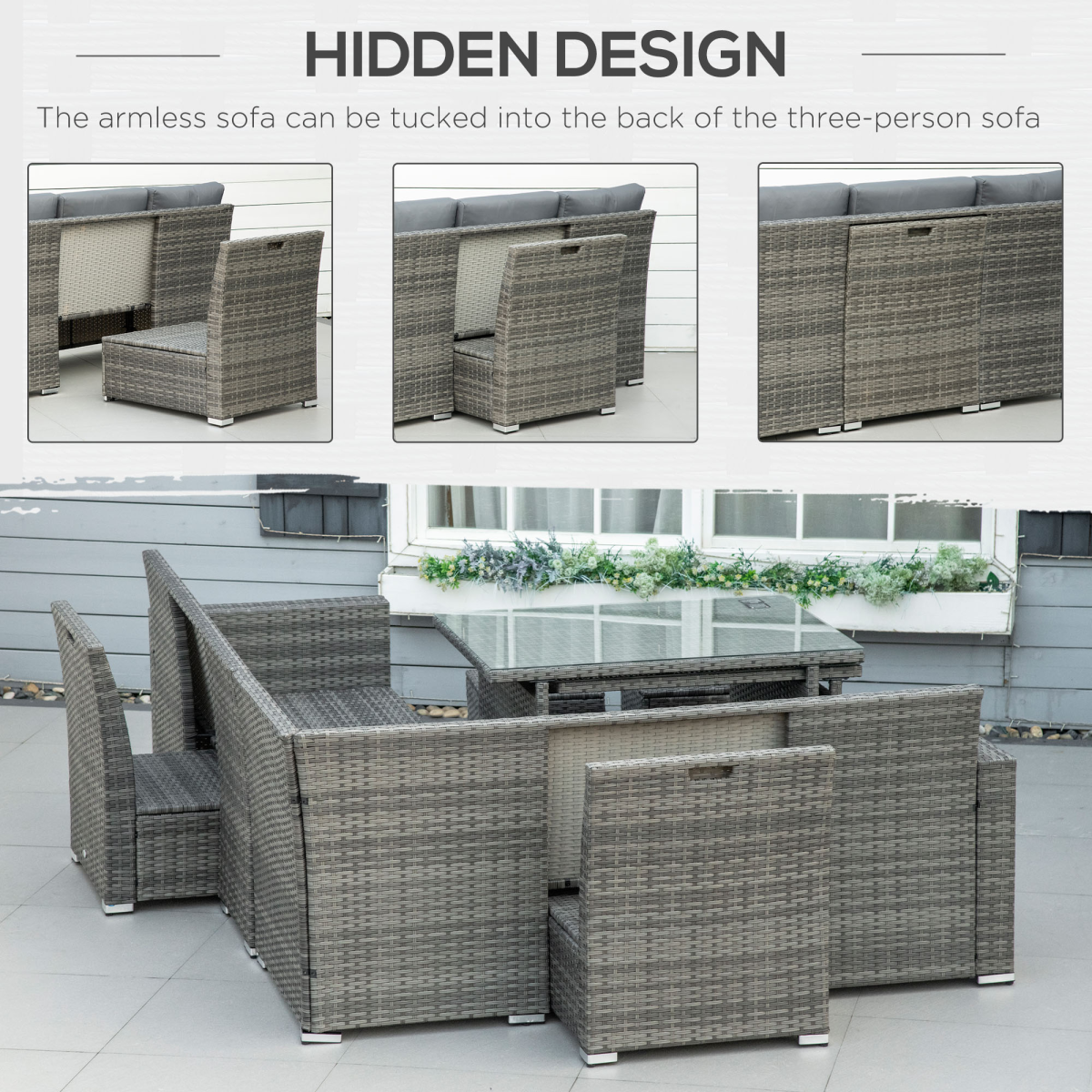 10-Seater Rattan Sofa Set - Cushioned Seats, Footstools & Glass Table