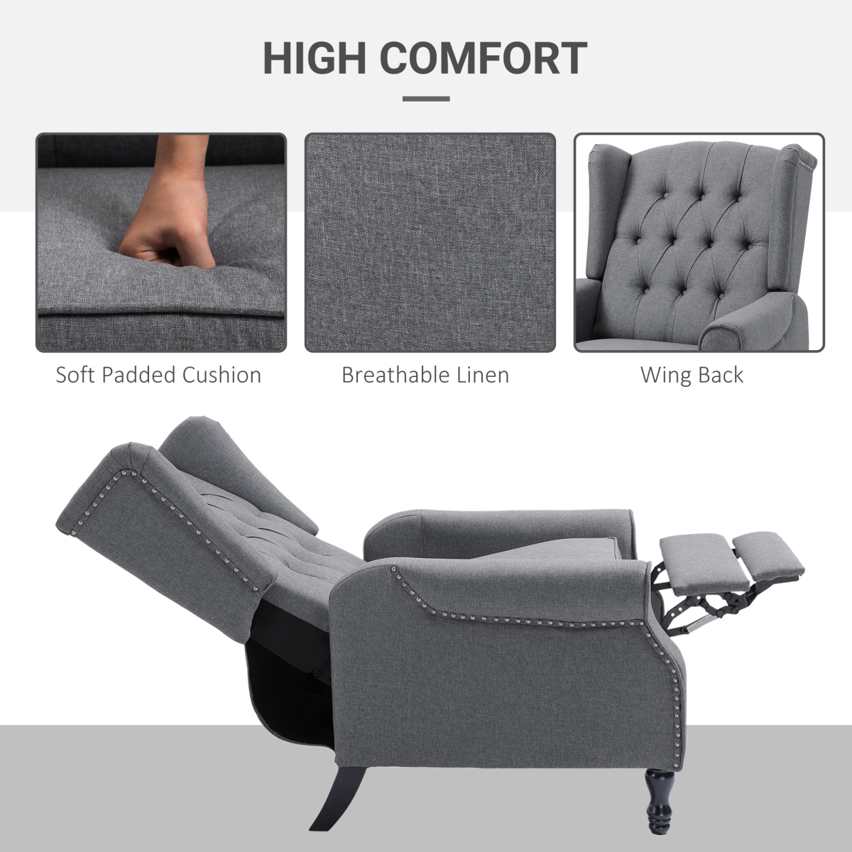 Manual Recliner Armchair with Footrest - Light Grey Fabric, Tufted Back