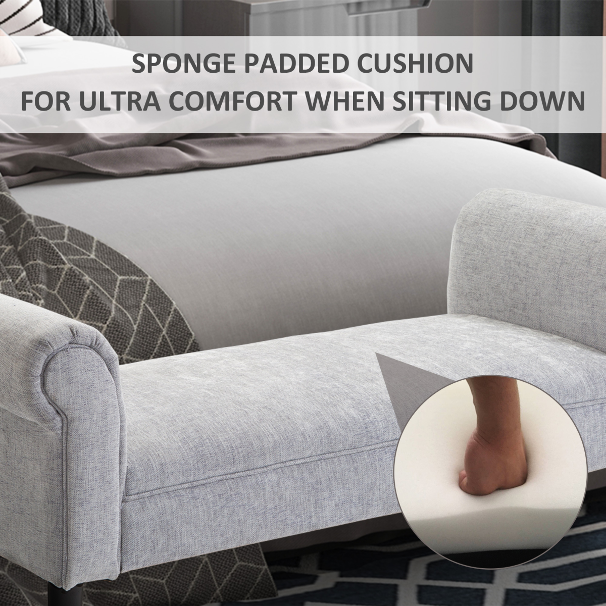 Modern Rolled-Arm Bench & Bed-End Ottoman - Bedroom & Entryway Seat