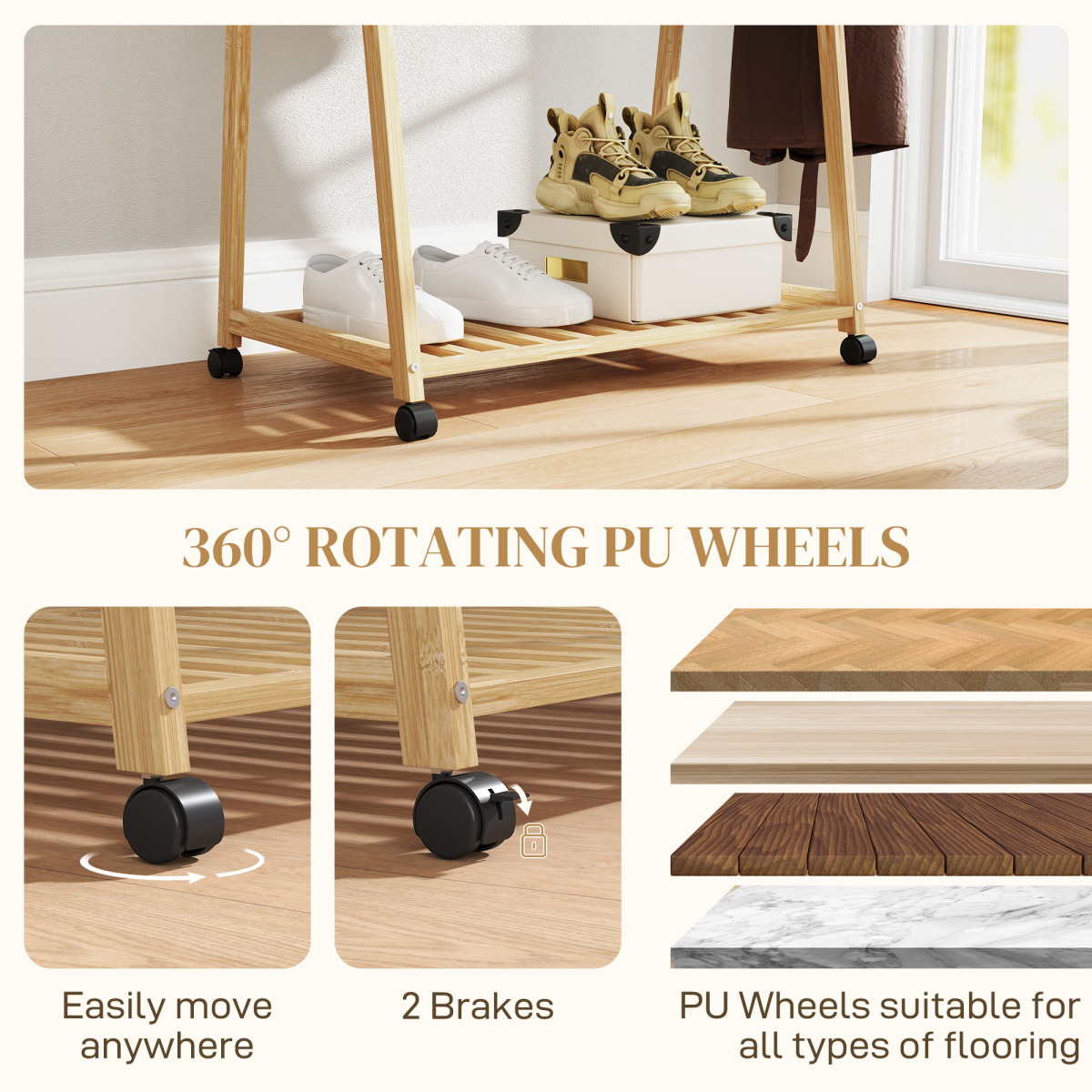 Stylish Bamboo Clothes Rack with Storage Shelves & Hooks - Natural Design