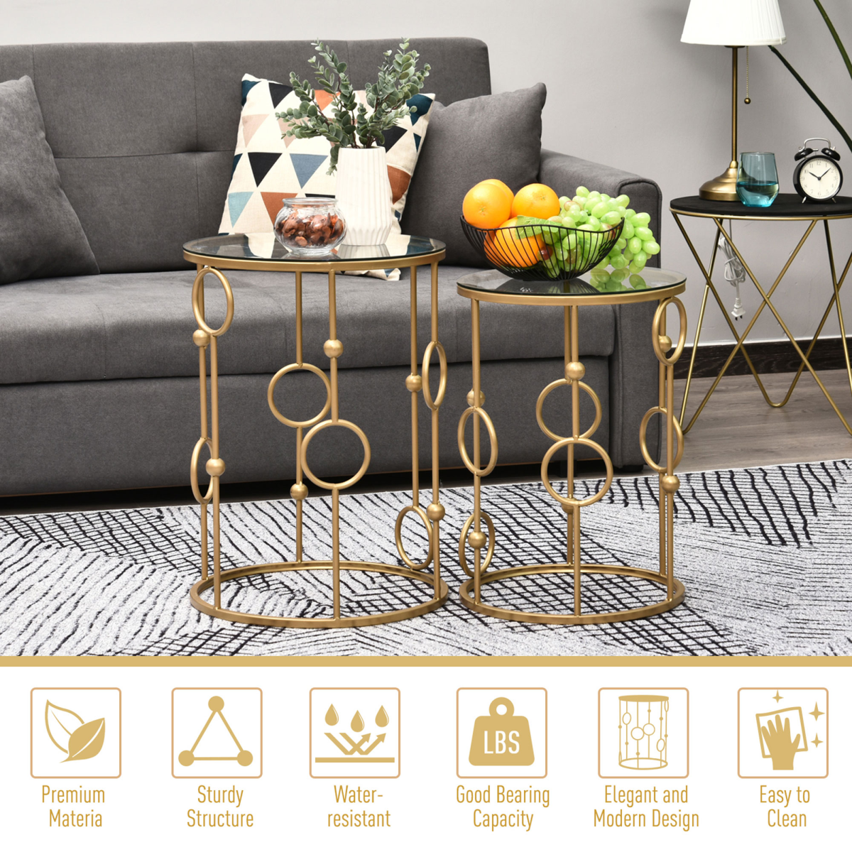 Gold Nesting Coffee Tables (Set of 2) with Tempered Glass Tops