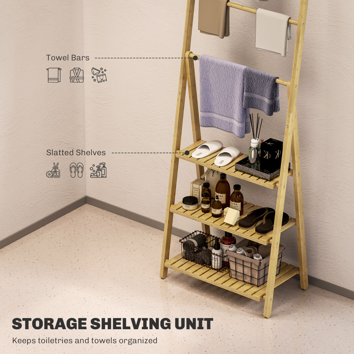 Stylish Bamboo 3-Tier Bathroom Shelf with Towel Bars for Organized Elegance