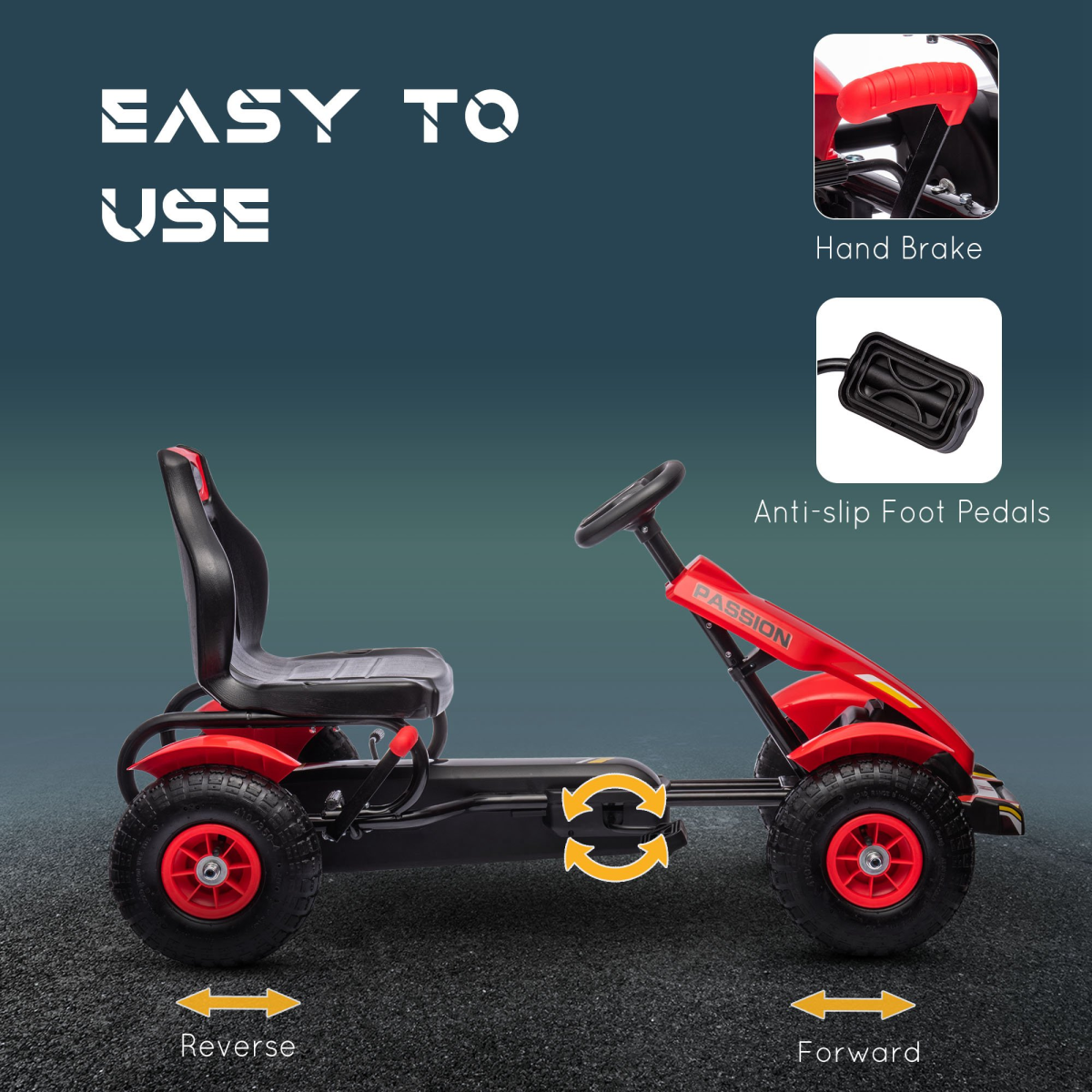 Kids' Pedal Go-Kart with Adjustable Seat, Handbrake & Inflatable Wheels - Red