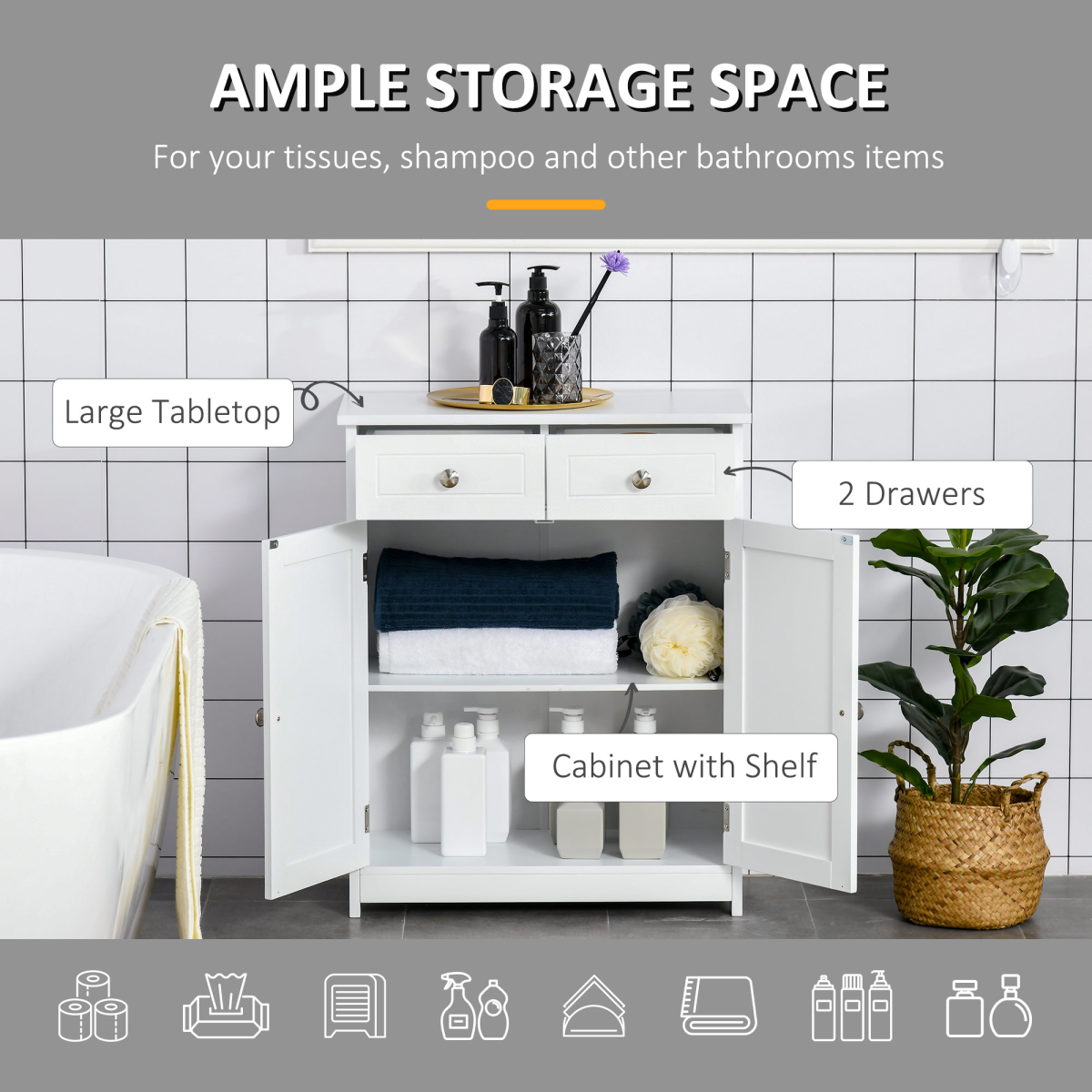 Elegant White Bathroom Storage Cabinet with Drawers & Cupboard - Sleek & Durable
