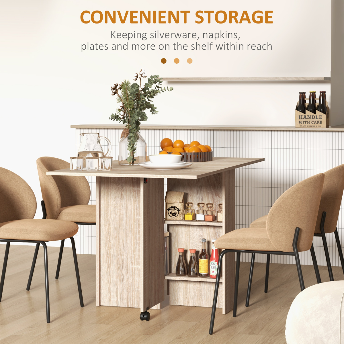 Mobile Drop-Leaf Extendable Dining Table with Shelves and Wheels