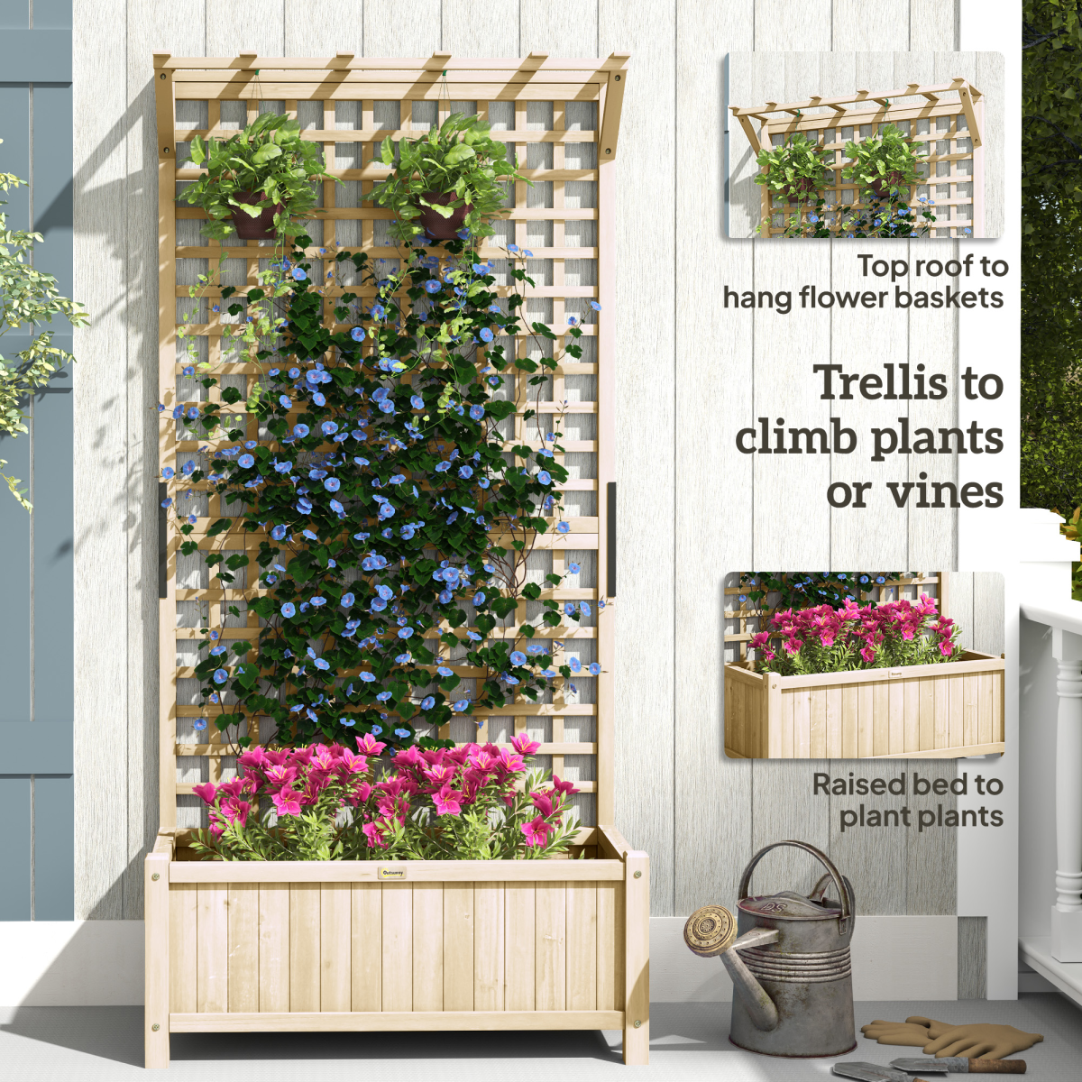 Wooden Planter with Trellis for Climbing Plants - Natural Finish