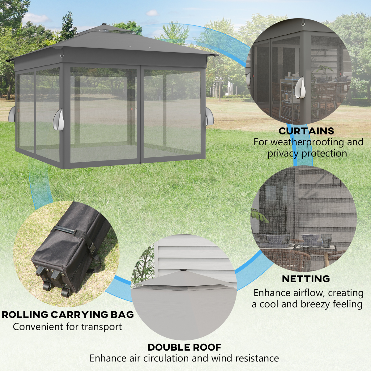 3x3m Pop-Up Gazebo with Solar LED Lights and Curtain Netting - Grey