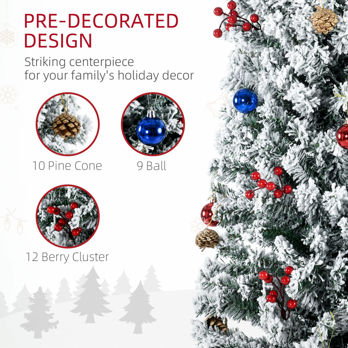 7' Artificial Christmas Tree with Flocked Tips, LED Lights, Decoration