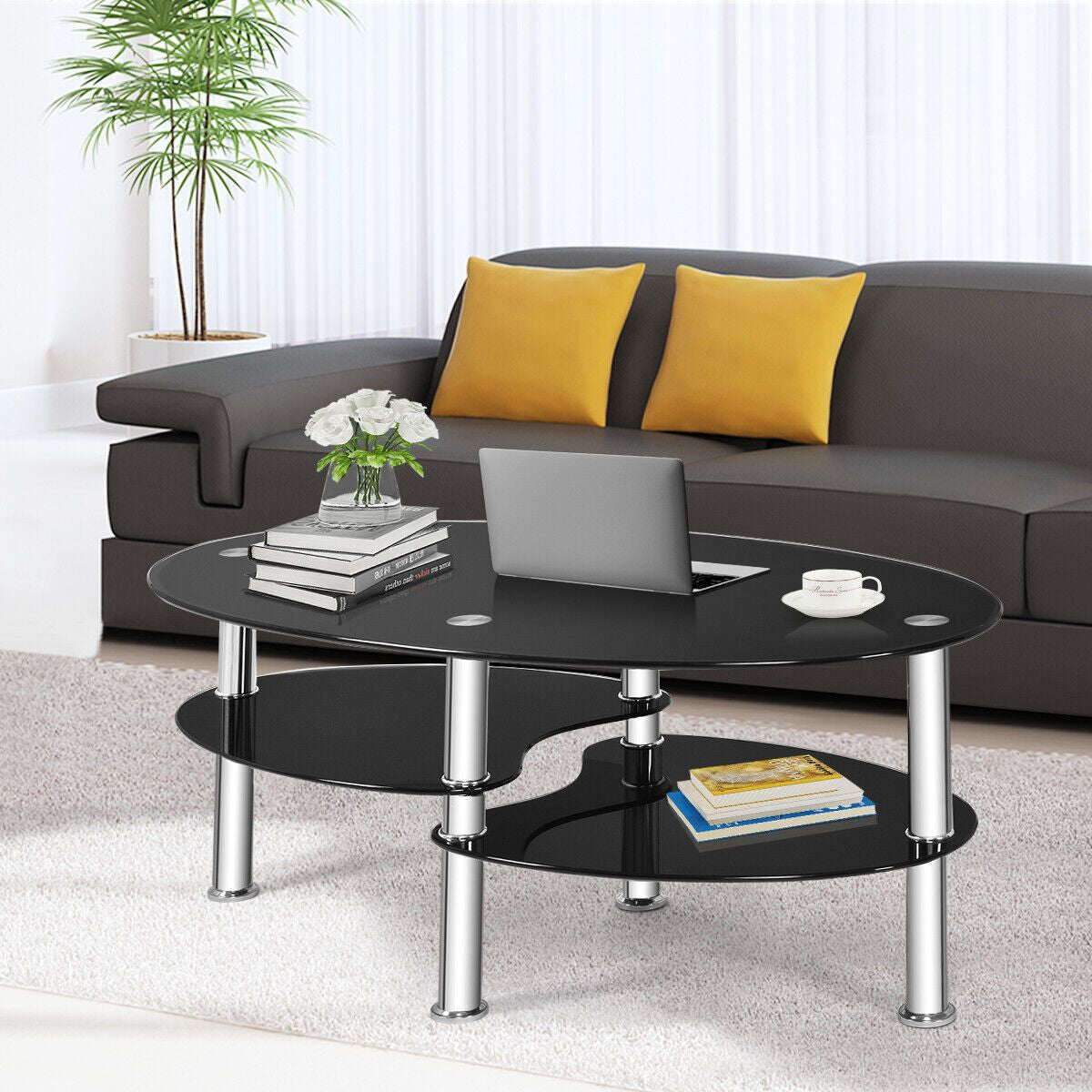 3-Tiers Tempered Glass Coffee Tables with 2 Shelves
