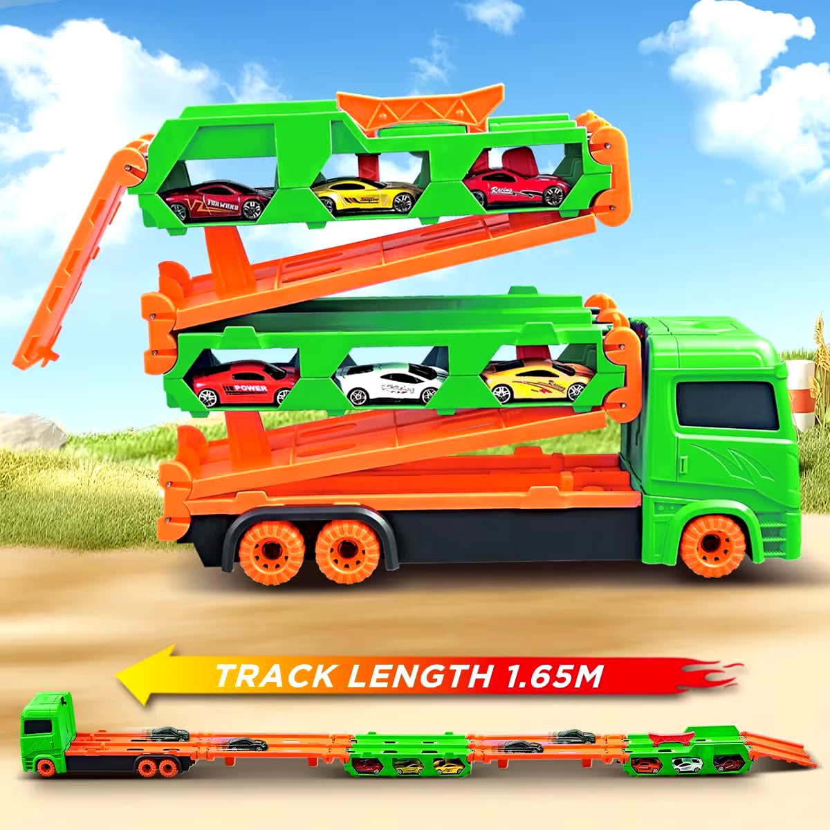 Expandable 1.65M Truck 6X Race Cars Toy for Boys Age 3+ Portable Transport Track Truck Vehicle Toy Set for Kids Gifts
