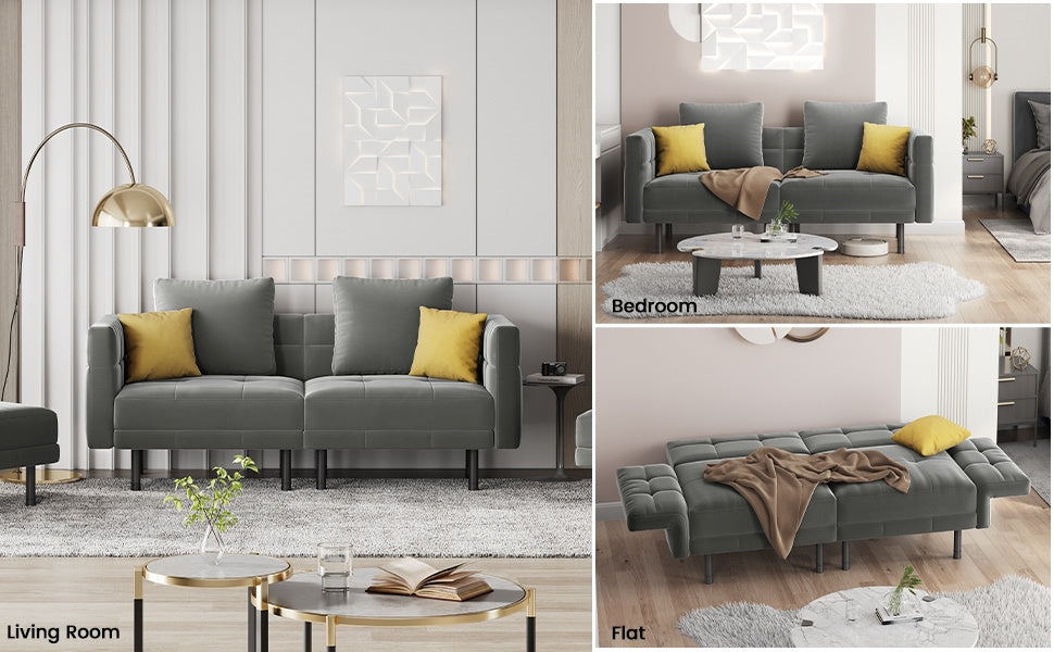 Velvet Sofa 2-Seater Convertible Sofa Bed, Fabric Upholstered Futon Couch Sleeper with 4 Pillows, Angle-Adjustable Armrests & Backrest