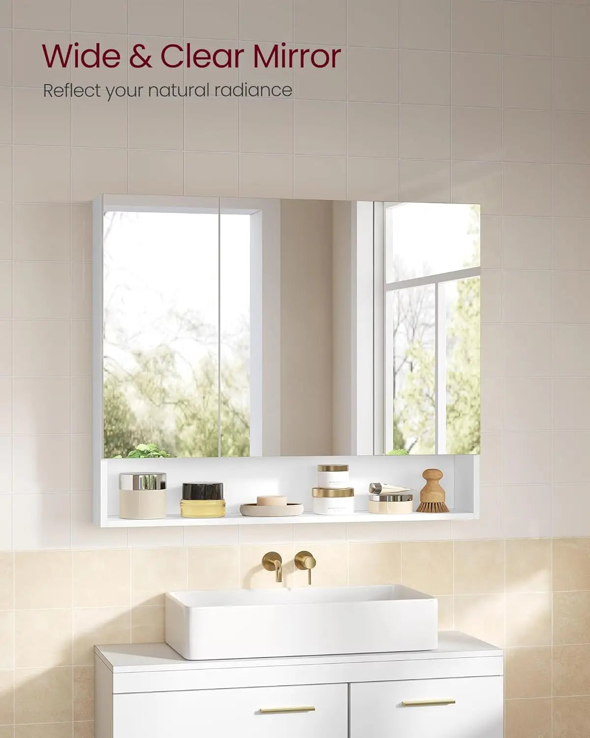 Bathroom Mirror Cabinet, Bathroom Cabinet with Mirror, Wall Mirror Cabinet, Open Compartment, Adjustable Shelves