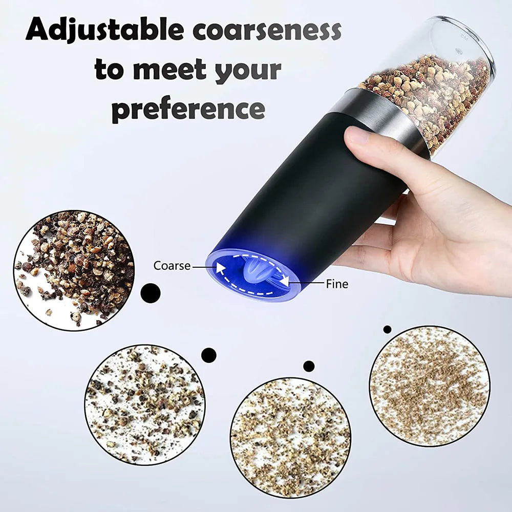 Gravity Electric Pepper and Salt Grinder Mill Adjustable Coarseness Battery Powered with Blue LED Light